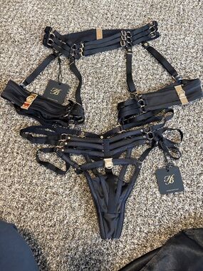 Honey Birdette Black Strappy Mesh Lingerie Set with Gold Hardware